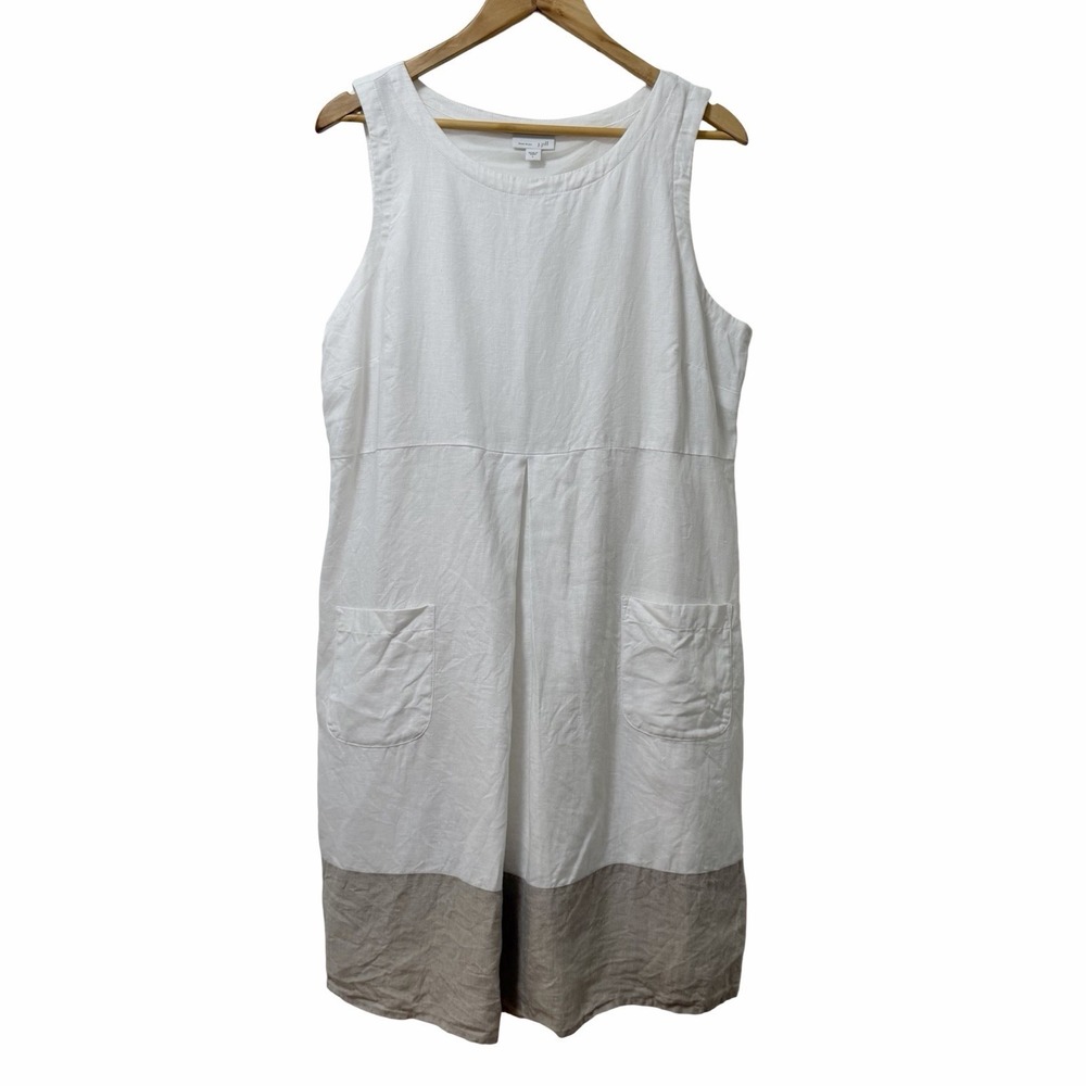 J Jill Linen Two Pocket Knee Length Shift Dress‎ Size L White Coastal Lagenlook